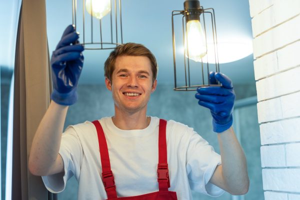 Electrician at work. Service for the repair of electrical wiring and replacement of ceiling lamps. A