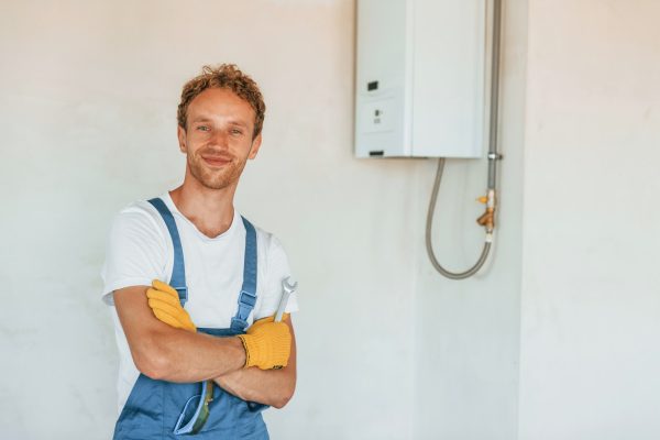 Repairing water heater. Young man working in uniform at construction at daytime